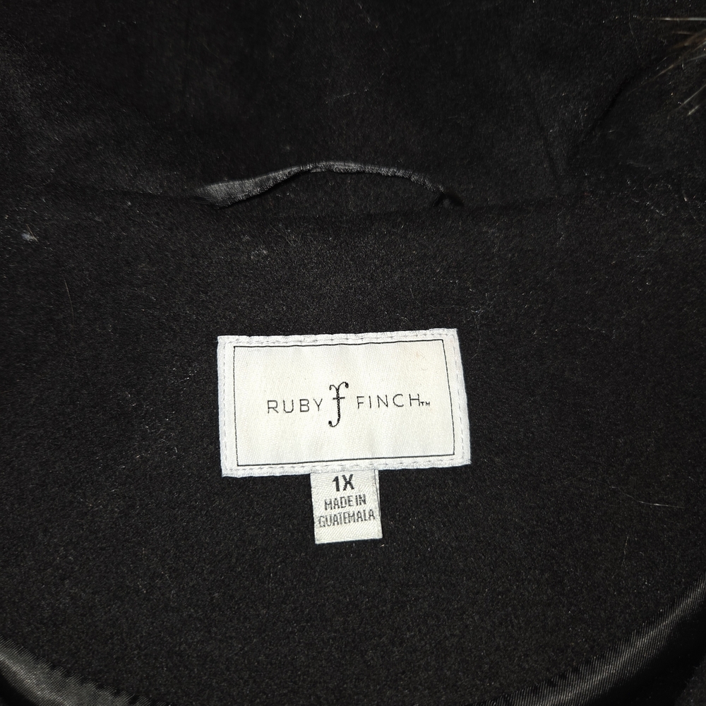 Ruby Finch Black Wool-Blend Hooded Coat with Faux Fur Trim – Size 1X - Picture 2 of 6